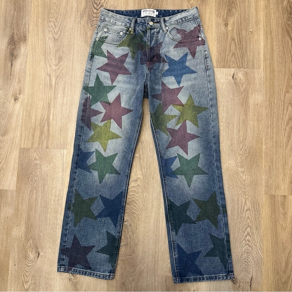 Cotton Candy Blue and Green Flare Wide Leg Jeans with Star Pattern size S
